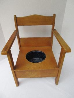 Vintage Maple Child's Potty Chair w/ Enamelware Chamber Pot