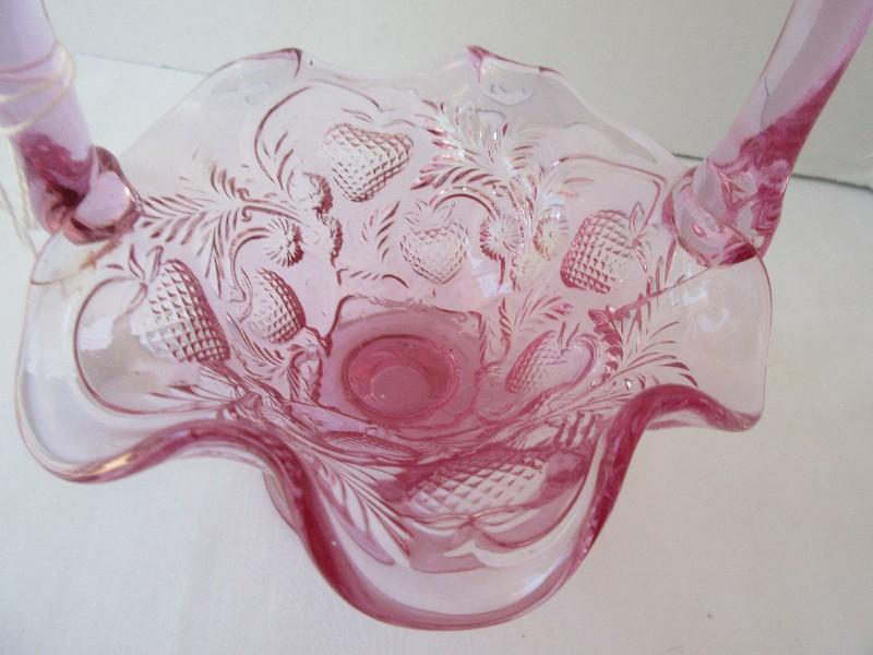 Fenton Art Glass Strawberry Pattern Dusty Rose Color Footed Basket w/ Applied Handle