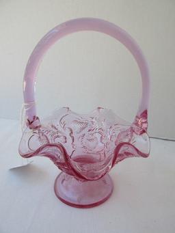 Fenton Art Glass Strawberry Pattern Dusty Rose Color Footed Basket w/ Applied Handle