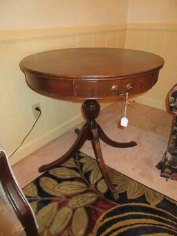 Mahogany Drum Pedestal Table w/ Dovetailed Drawer & Paw Cap Feet