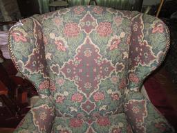 Wing Back Arm Chair Curled Arms Pin Sides, Wood Feet Floral Upholstered Motif