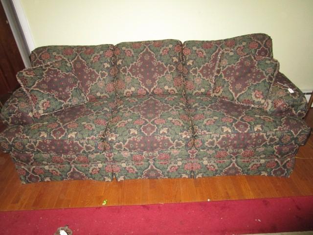3 Seat Couch Curled Arms, Wood Feet Floral Upholstered Motif
