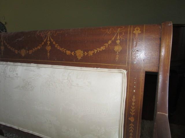 Vintage Antique Oak Bench Cream/Asian Motif Upholstery, Floral Ribbon Design Trim Top