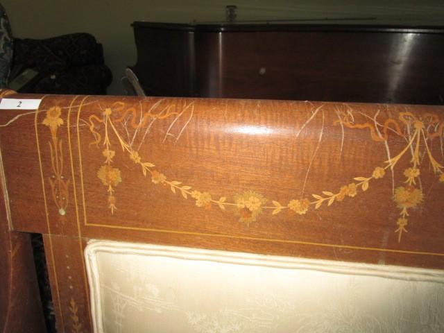 Vintage Antique Oak Bench Cream/Asian Motif Upholstery, Floral Ribbon Design Trim Top