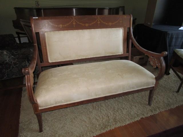 Vintage Antique Oak Bench Cream/Asian Motif Upholstery, Floral Ribbon Design Trim Top