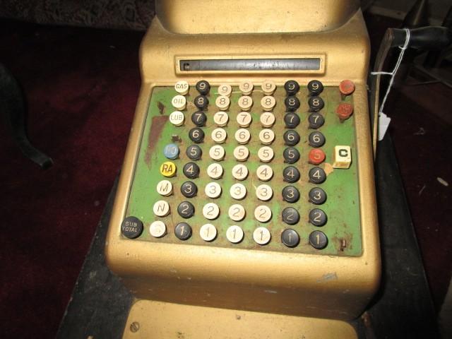 Vintage/Antique Register/Cash Machine on Wooden Base, Yellow Painted Metal Body