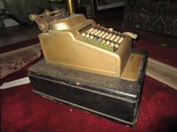 Vintage/Antique Register/Cash Machine on Wooden Base, Yellow Painted Metal Body