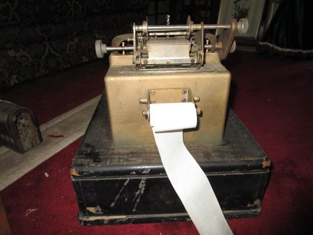 Vintage/Antique Register/Cash Machine on Wooden Base, Yellow Painted Metal Body