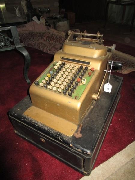 Vintage/Antique Register/Cash Machine on Wooden Base, Yellow Painted Metal Body