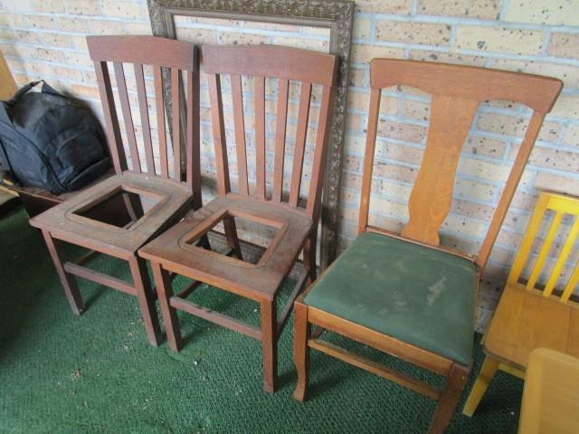 Lot - 3 Wooden Chairs, 2 Slat Back Missing Upholstered Seats 37" H, 1 Urn Back
