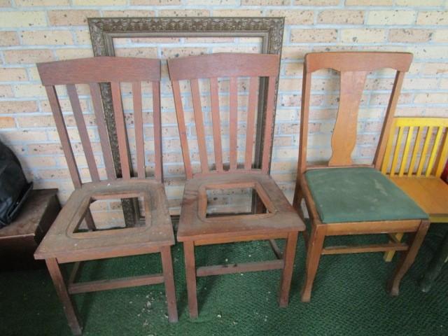 Lot - 3 Wooden Chairs, 2 Slat Back Missing Upholstered Seats 37" H, 1 Urn Back