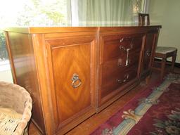 Mahogany Long Buffet 3 Drawers, 2 Hutch Doors, Mid-Century Modern Design, Narrow Feet