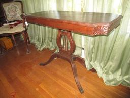 Oak Vintage Lyre-Body Side Table, Wave Trim, Grooved/Metal Paw Feet