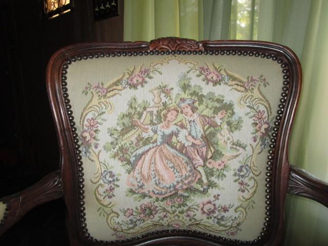 Mahogany Vintage Chair Georgian Man/Woman Upholstered Scene, Shield Back