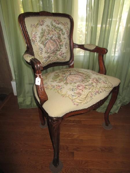 Mahogany Vintage Chair Georgian Man/Woman Upholstered Scene, Shield Back