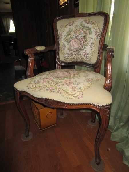 Mahogany Vintage Chair Georgian Man/Woman Upholstered Scene, Shield Back