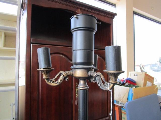 3 Armed Standing Torchiere Lamp, Black Column, Colored/Reed Glass Base