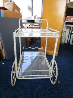 Metal White Vintage Cart w/ 2 Tier Glass Shelves, Bamboo Motif