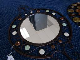 Metal Round, Curled Top/Base Wall Mounted Mirror w/ Colored Faux-Brass Motif