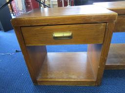 Pair - Wooden Side Tables w/ Drawers, Brass Pull, 2-Tier