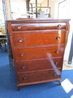 Wooden 5 Drawer Standing Dresser, Top Drawer Curved, Wood Pulls, Curled Pediment Back