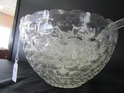 Large Punch Bowl Peanut Glass Design Scallop Trim w/ 11 Matching Cups, 1 Plastic Ladle