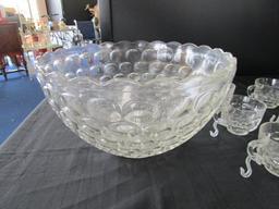 Large Punch Bowl Peanut Glass Design Scallop Trim w/ 11 Matching Cups, 1 Plastic Ladle