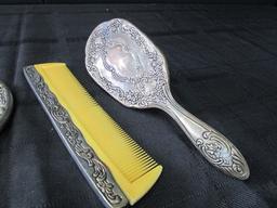 Lot - Silverplate Brush, Hand Mirror, Comb Ornate Rose/Embellished Motif w/ Glass Power Dish