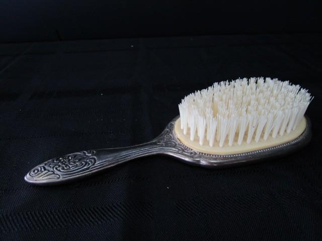 Lot - Silverplate Brush, Hand Mirror, Comb Ornate Rose/Embellished Motif w/ Glass Power Dish