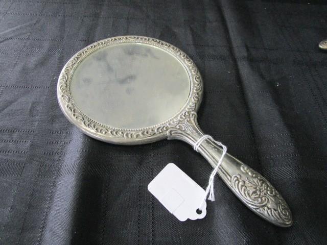 Lot - Silverplate Brush, Hand Mirror, Comb Ornate Rose/Embellished Motif w/ Glass Power Dish