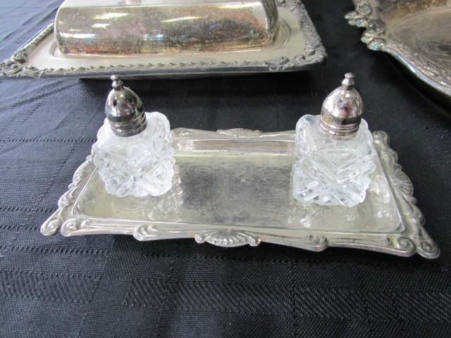 Silverplate Lot - 2 Ice Buckets, Ornate Trim Platter/Plate, Butter Dish