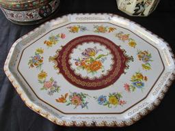 Tin Vintage Motif Colorful Floral/Animal Round Tin, Floral Pattern Platter