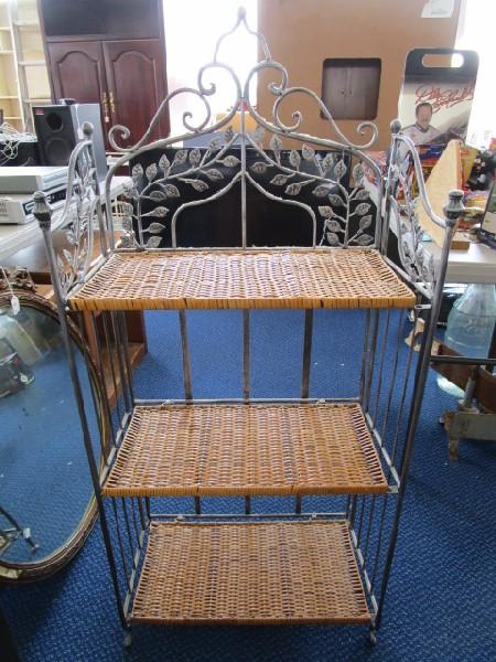 3-Tier Wicker Shelving w/ Antique Patina Leaf/Curled Motif Sides/Top