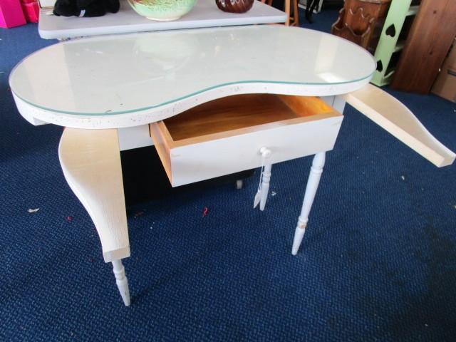 White Wooden Desk, 2 Folding Wings, Glass Top, Bow Front, Block/Spindle Legs