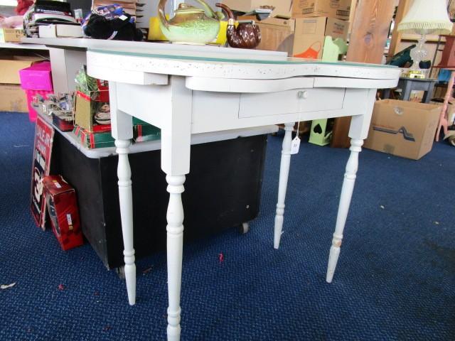White Wooden Desk, 2 Folding Wings, Glass Top, Bow Front, Block/Spindle Legs