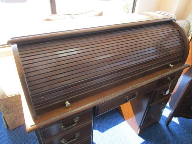 Dark Wooden Broyhill Secretary Roll Front 5 Drawer w/ 2 Inlay Shelves, Brass Pulls/Knobs