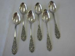 6 Sterling N.M. Demitasse Spoons w/ Ornate Pierced Scrollwork & Floral Handles