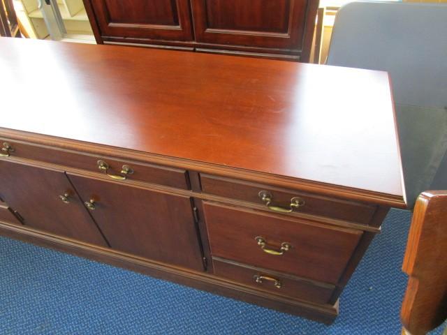 Hooser Desks Wooden Credenza  Drawers 2 Hutch Doors, Brass Pulls Ribbed Trim