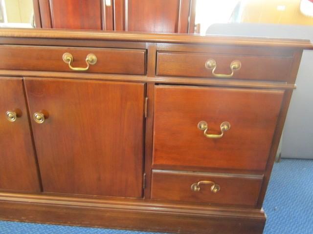 Hooser Desks Wooden Credenza  Drawers 2 Hutch Doors, Brass Pulls Ribbed Trim