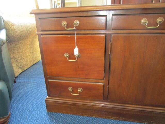 Hooser Desks Wooden Credenza  Drawers 2 Hutch Doors, Brass Pulls Ribbed Trim