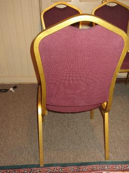 6 Metallic Gold Tone Metal Frame Stacking Chairs w/ Arched Handled Upholstered Back/Seat