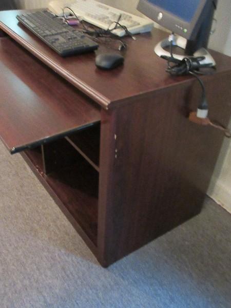 Lot - Simulated Wood Grain Computer Desk w/ Keyboards, Mice & Monitor