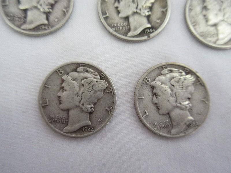 Mercury Dimes Winged Liberty Silver Coins Five 1944/Two 1945