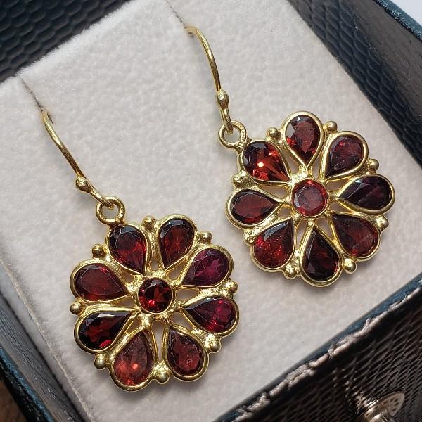 Gold Plated Silver Garnet 6.5ct. Flower Design Earrings