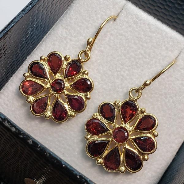 Gold Plated Silver Garnet 6.5ct. Flower Design Earrings