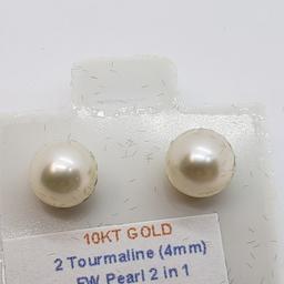 10K Yellow Gold 2 In 1 Pink Tourmaline & Fresh Water Pearl 4mm Earrings