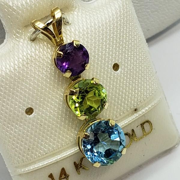 14K Yellow Gold Amethyst, Peridot, Blue Topaz Pendant