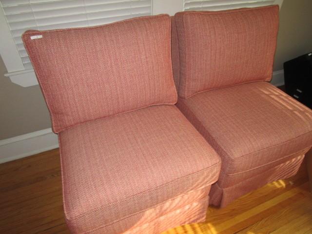 Pair - Custom Upholstered Chairs Red w/ Wood Block Feet