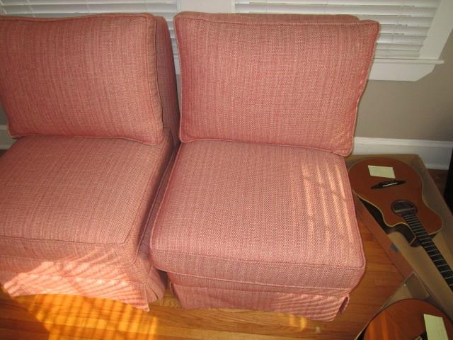 Pair - Custom Upholstered Chairs Red w/ Wood Block Feet