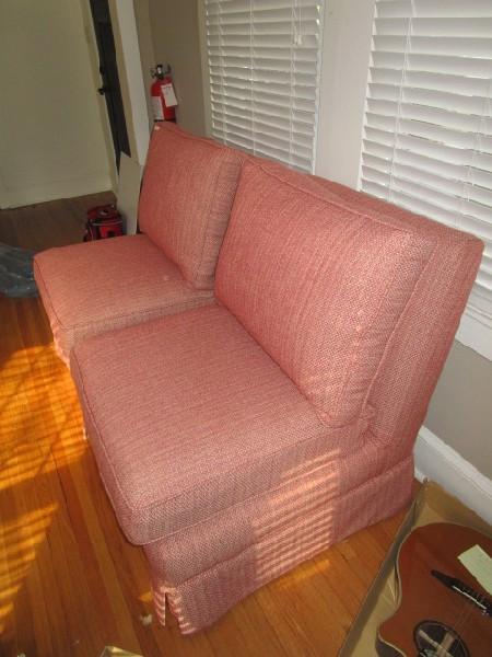 Pair - Custom Upholstered Chairs Red w/ Wood Block Feet